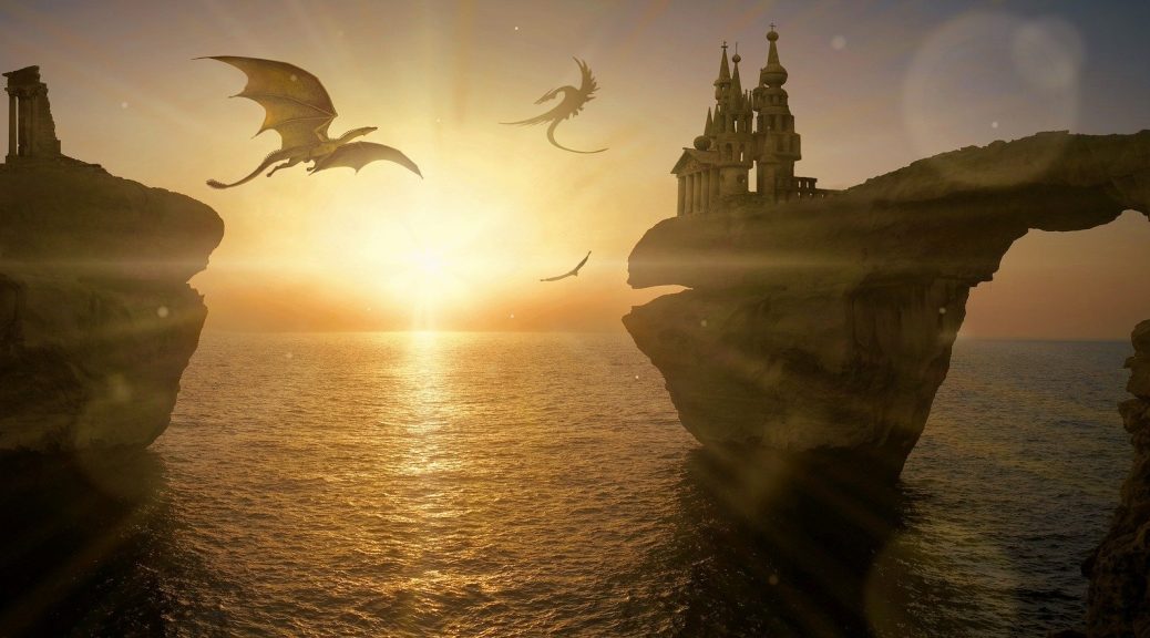 dragons flying over sea and castles