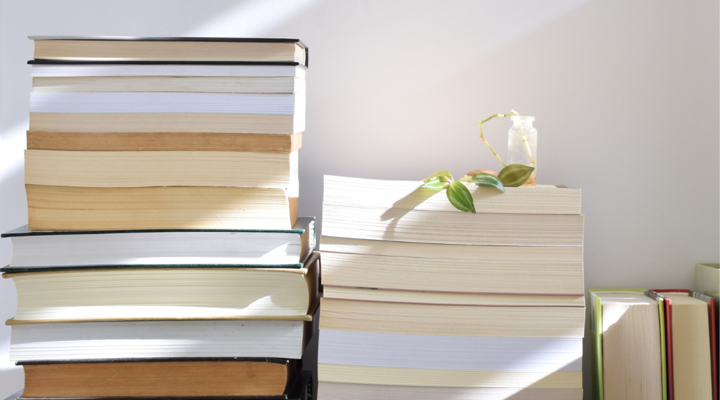 books in piles