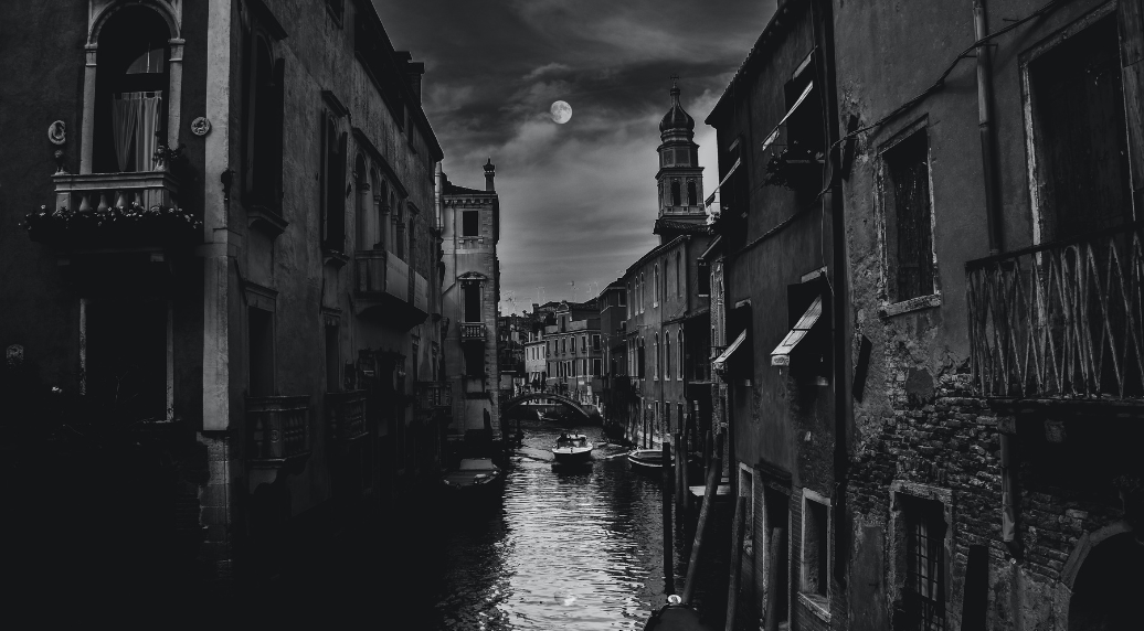 black and white image of venice