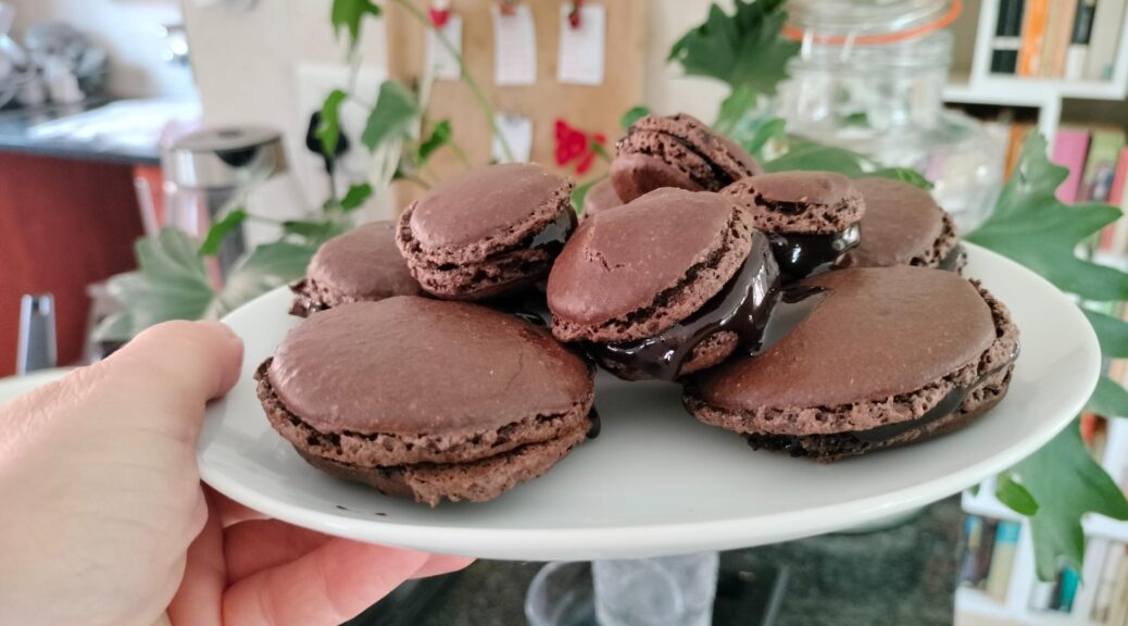 hand holding white plate full of chocolate macarons